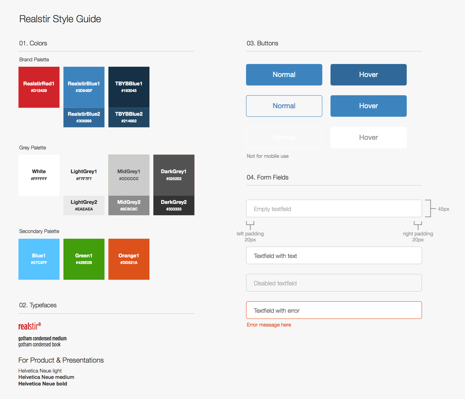 Figure 7.1 — An excerpt from Realstir's style guide, showing Realstir's colors, typefaces, button styles, and form field styles