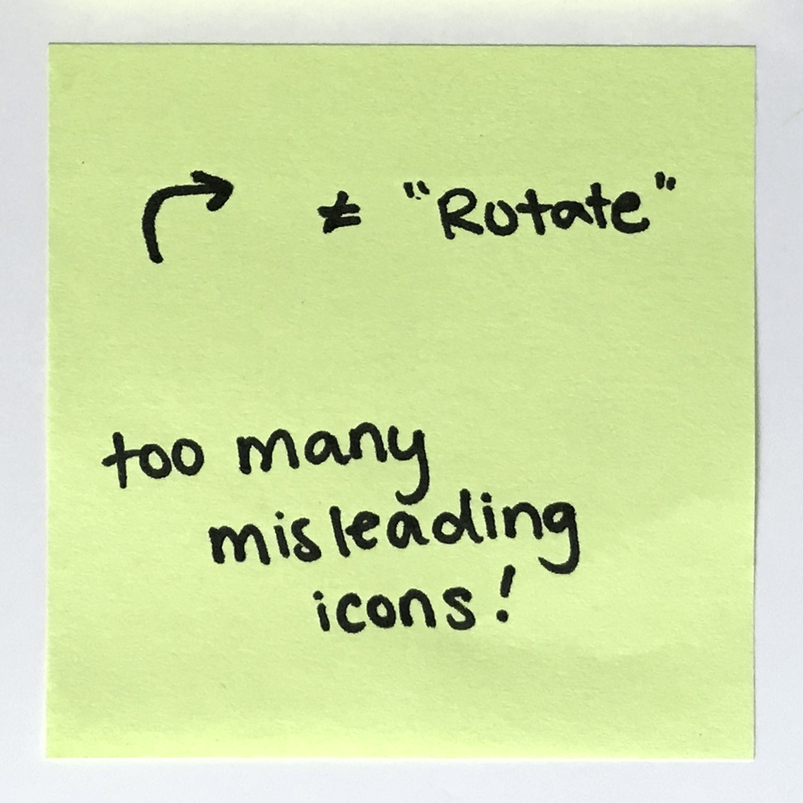 Post It with writing: '[arrow symbol] does not equal 'rotate' too many misleading icons!'
