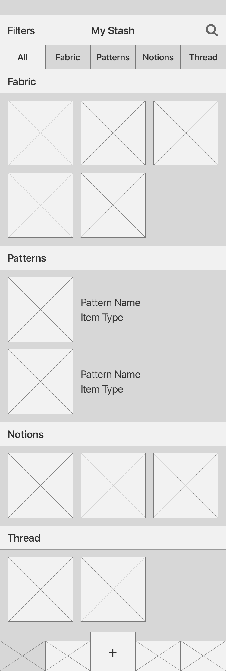 Wireframe showing a Stash drawer with entries